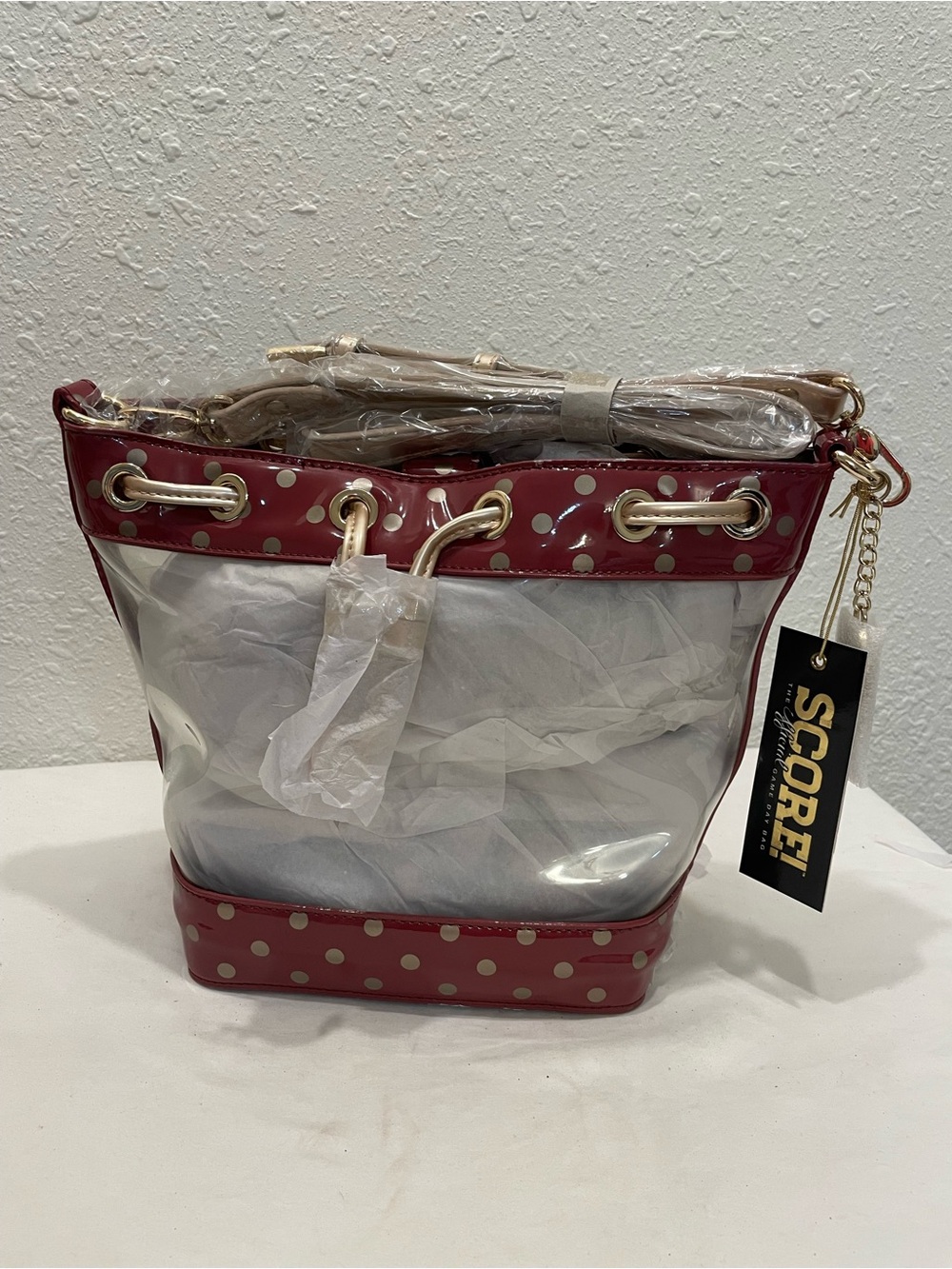 Score! Clear Bucket Shoulder Bag with Red Polka Dot Trim